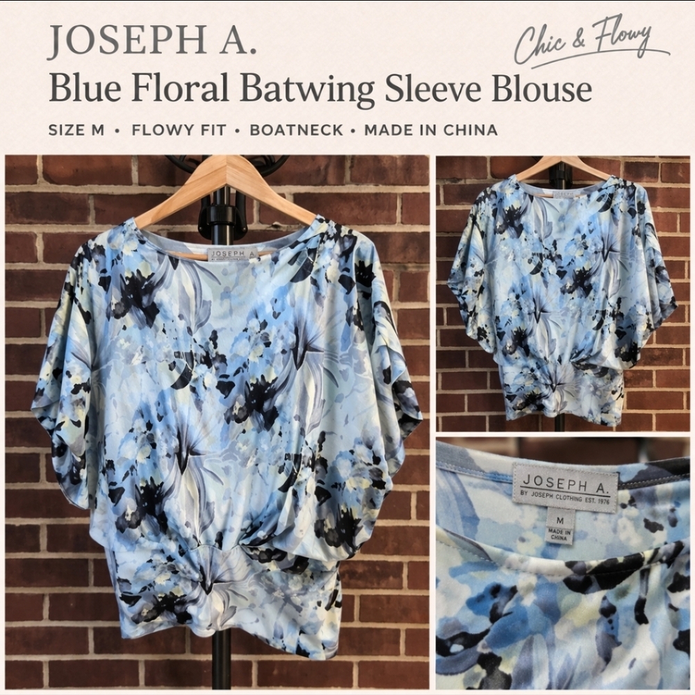 Joseph A Blue Floral Blouse Batwing Sleeve Boho Flowy Top Size M